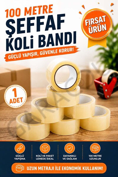 garaccu Kaliteli Şeffaf Koli Bandı 100 Metre (1 ADET), Koli Bantı, Şeffaf Kol...