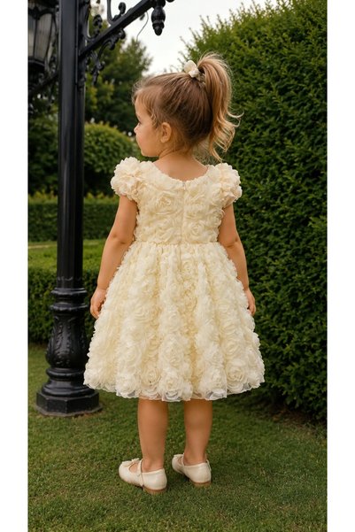 BENBİLGE Girl's Embossed Rose Patterned Elegant Design Princess Stylish Evening Dress Birthday Party Dress with Bow Detail