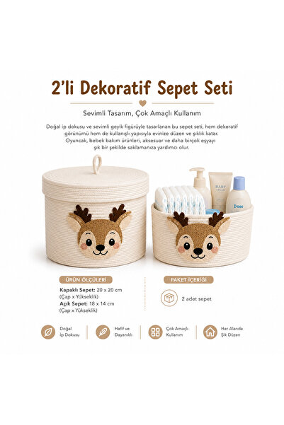 Berçak Home Deer Patterned Covered Children's Room Organizer Basket Set |   T...