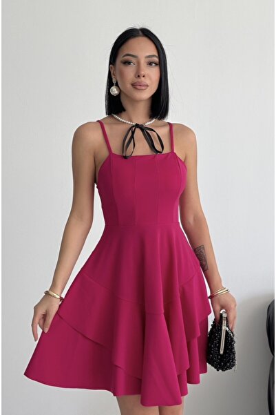 ALFUDO Moda Collection Ince Askılı Eteği Kat Detay fuşya Abiye Elbise Fuşya M...