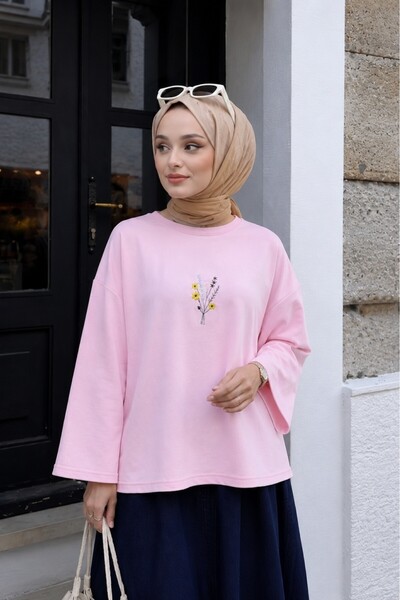 Lunfia Çiçek Desenli Salaş Yuvarlak Yaka Penye Bluz - Pembe