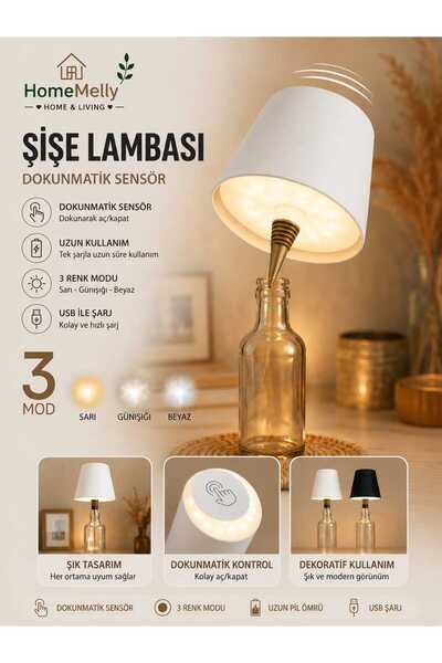 btm home Şarjlı Dokunmatik Şişe Lambası - 3 Farklı Renk Modu – Dekoratif ve M...