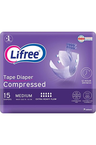 Lifree شريط، مضغوط، حفاضات للكبار، متوسطة الحجم، 15 قطعة
