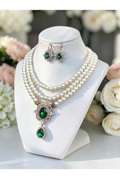 FAYRA ACCESSORIES Yeşil Kristal Taşlı İnci Kolye ve Küpe Seti
