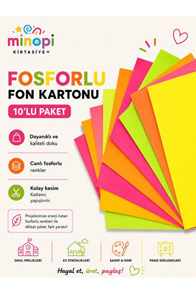 Minopi Fosforlu Fon Kartonu 50 X 70 120 G Karışık Renk 10'lu Rulo