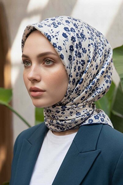 Vissona 100% Twill Silk Crispy Flower Patterned Cream - Navy Blue Colored 90X...