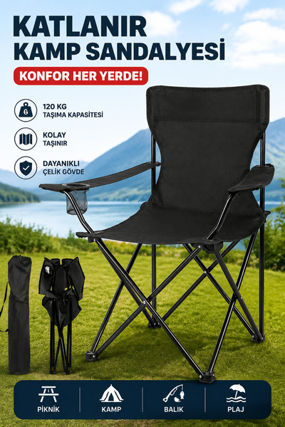 Allmart 1 Adet Kamp Sandalyesi Katlanır Piknik Sandalye Dikdörtgen Bardaklıkl...