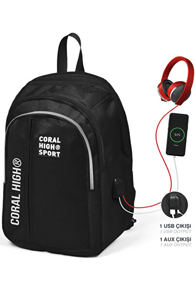 Coral High Unisex Sport Siyah Beş Bölmeli Usb Şarjlı Kulaklık Çıkışlı Sırt Ça...