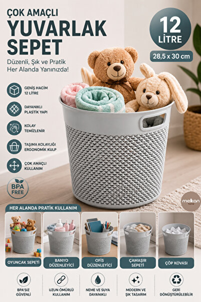 Melkan Home Çok Amaçlı Yuvarlak Sepet 12 Litre – Oyuncak Sepeti, Ofis Çöp Kov...