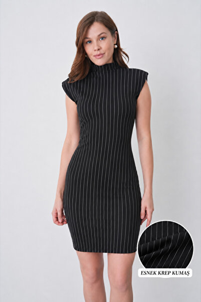 bayansepeti Striped Crepe Fabric High Neck Padded Mini Dress Stylish Casual a...