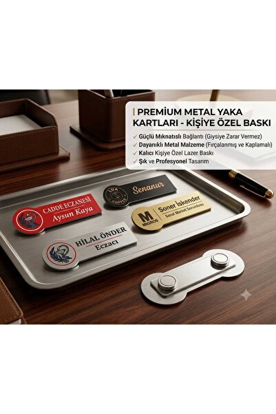 İZMOTTO ECZACI VE ECZANEYE ÖZEL YAKA İSİMLİK 2 ADET KİŞİYE ÖZEL BASKILI METAL