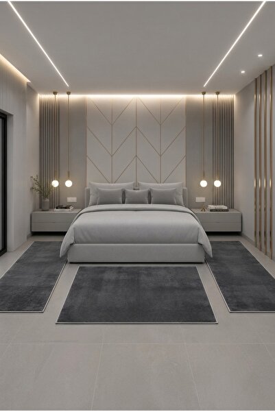 Lionhome Peluş Kaymaz Taban Saçaksız Yıkanabilir 3' Lü Yatak Odası Yolluk Tak...