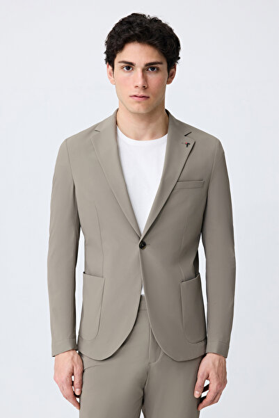 Tween Slim Fit Koyu Bej Diyogonal Kumaş Ceket