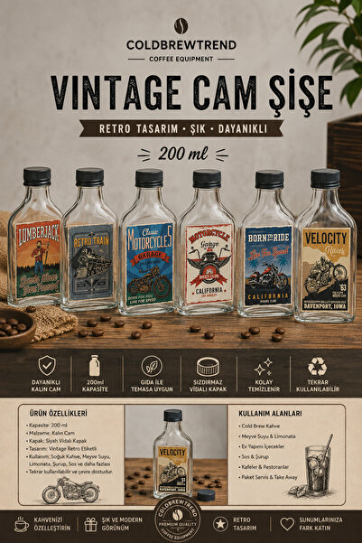 Genel Markalar 6’lı Vintage Cam Cold Brew Şişesi – Kapaklı Retro Tasarım Kahv...