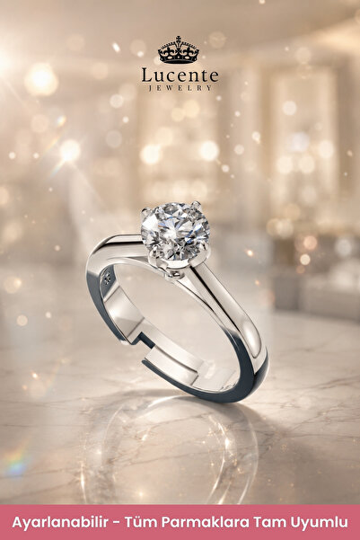 Lucente Jewellery Işıklı Hediye Kutulu Evlenme Teklifi Yüzüğü 925 Ayar Luxury Serisi Pırlanta Montürlü Tektaş Nişan Gümüş Sonsuz Aşk Simgesi Küpe Hediyeli Tek Taş Sevgiliye Evlilik Teklifi İçin Ayarlanabilir Yüzük