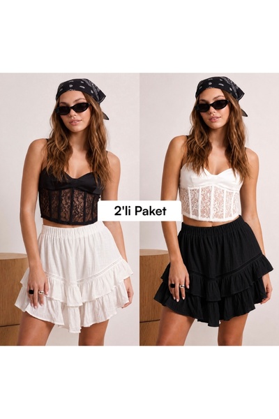 TOFAN TRİKO Pachet de 2 fuste mini stratificate alb-negru