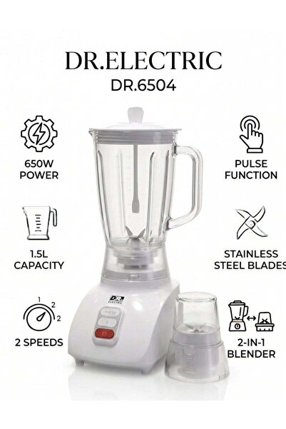 DR.ELECTRIC خلاط كهربائي 2 في 1، 650 واط، أبيض، مع طاحونة، سعة 1.5 لتر، شفرات...