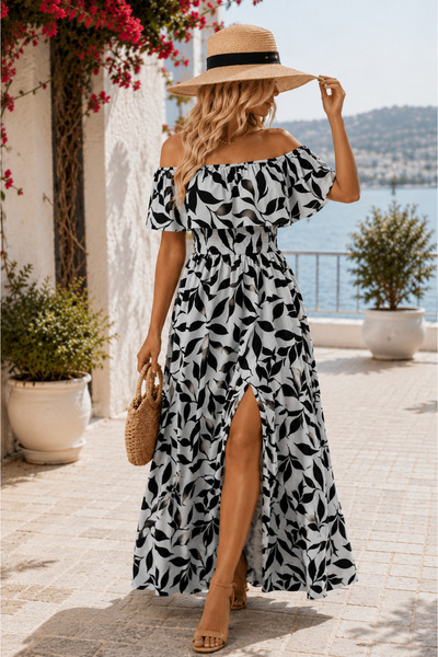 Mava Lady Kadın Beli Gipeli Fırfırlı Yırtmaçlı Siyah Beyaz Yaprak Desenli Elbise