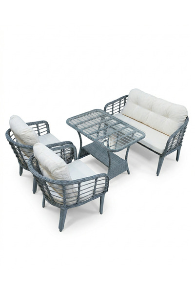 Tu Tienda KARTEPE GALVANİZ BORU 2 1 1 SEHPA(60*90) RATTAN BAHÇE BALKON TAKIMI,GRİ RATTAN/KREM KUMAŞ