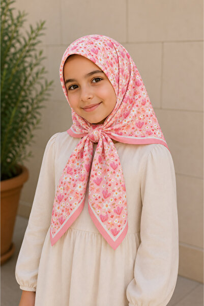 Beybium Kız Çocuk Pembe Çiçek Temalı Pamuklu Çocuk Eşarp 80*80cm
