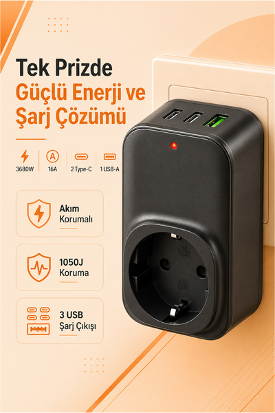 Light Nova Akım Korumalı Tekli Duvar Prizi | 3680W | 16A | 2xType-C | 1xUSB Ş...