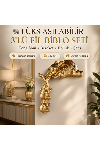 e-life shop Lüks Asılabilir 3'lü Fil Biblo Seti Feng Shui Bereket Dekoru Yeni...