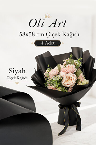 OLİ Art Çiçek Ambalaj Kağıdı Siyah 58x58cm 4 Adet Mat Çiçek Kağıdı Su Geçirme...