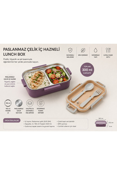 EMVORA HOME Aura Paslanmaz Çelik 2 Bölmeli Beslenme Kabı | Kaşıklı Çatallı Lu...