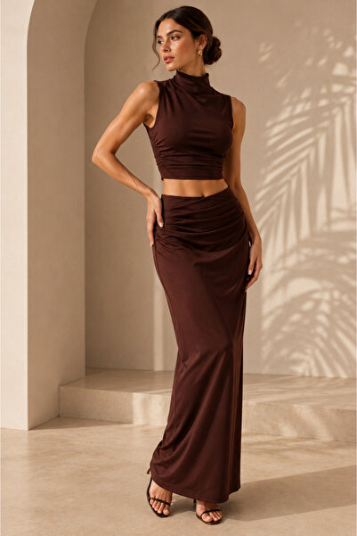 CASPARA Elena Women's Turtleneck Crop Blouse and Draped Long Skirt Two-Piece ...