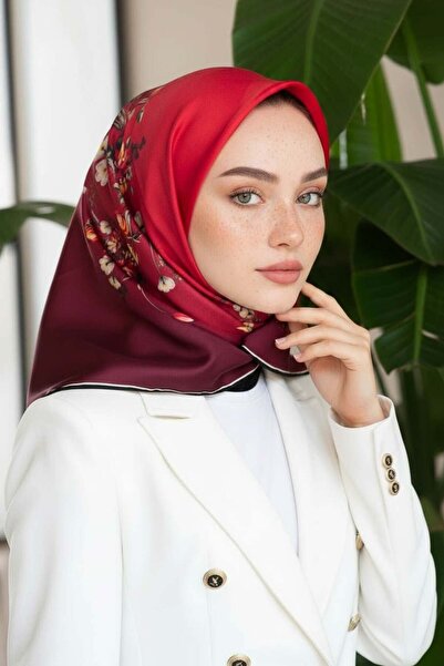 Vissona %100 Twill İpek Sonsuz Çiçek Desenli Bordo Renkli 90x90 Eşarp Dikim Ş...