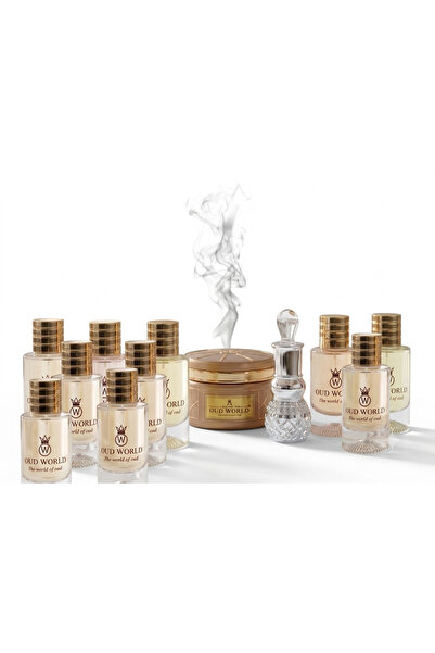 OUD WORLD Family Combo: 10x50ml perfumes, 1 bakhoor, 12ml attar, long-lasting...