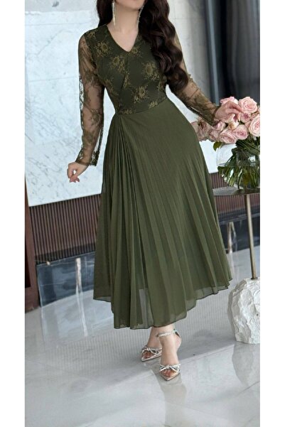 HASNAADRESS Lavin Dress - Olive Green Luxurious and Classic with Lace Elegance