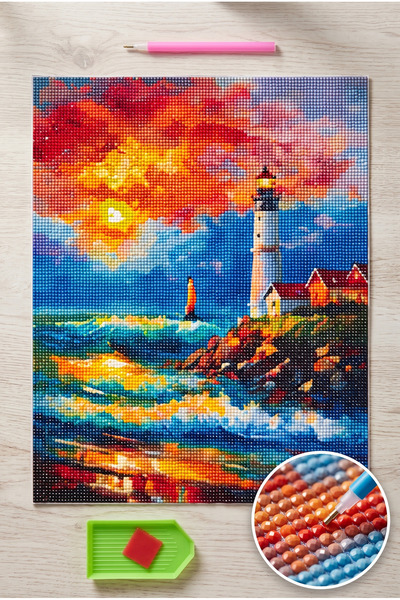 LİVA CRAFT Art & Craft Elmas Mozaik Tablo, 30x40 Deniz Feneri Boncuk Yapıştır...