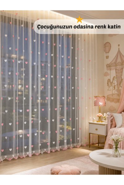 MAGİZA Tulle Curtain with Heart Pattern, No Ironing, No Pleats, Drawstring, Extrafoam, Suitable for Kitchen, Balcony and Children's Room