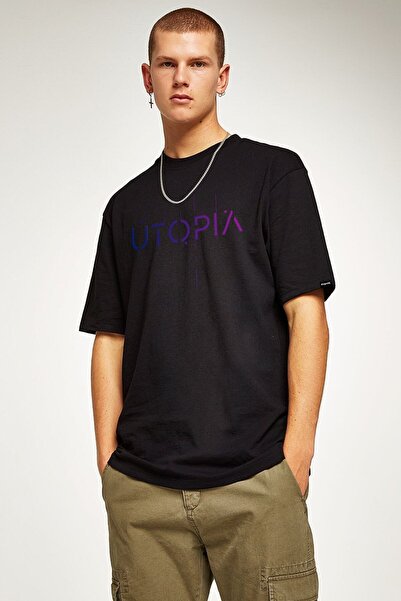 nrage Tricou negru oversize cu imprimeu Utopia - NRAGE159