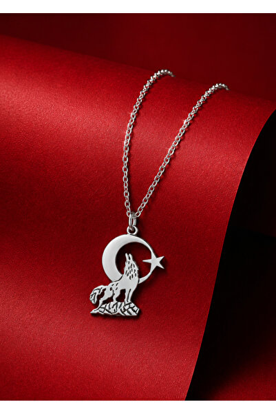 Alaja Silver Bozkurt Ay Yıldız Parlak Tasarm 925 Ayar Gümüş Kolye