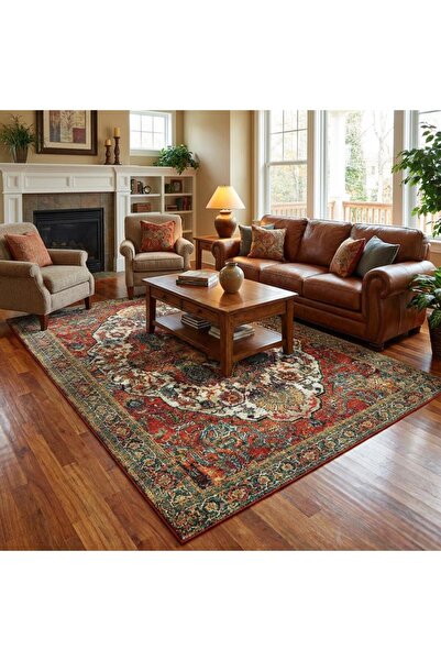 Carpettex Kırmızı Yeşil Salon Halısı Klasik Medallion Dijital Baskılı Kaymaz ...