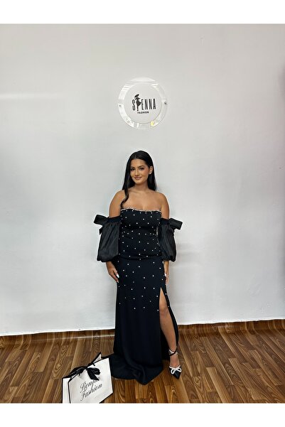 Sienna Fashion Rochie de seară neagră elegantă Wendy cu mâneci bufante