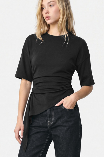 VODENS Black Short Sleeve Fitted Gathered 95% Cotton Blouse