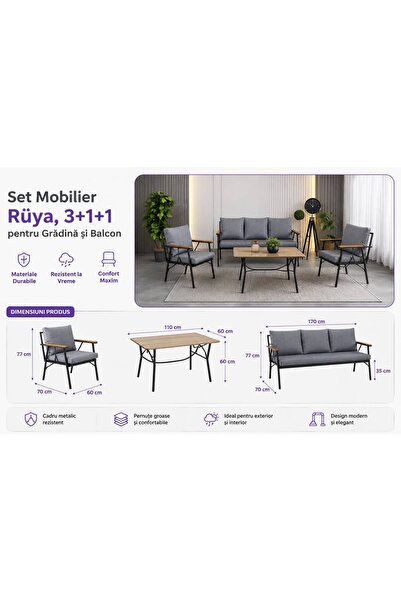 Zigonzi Set mobilier grădină RÜYA 3+1+1 – Canapea 3 locuri, 2 Fotolii și Masă de cafea