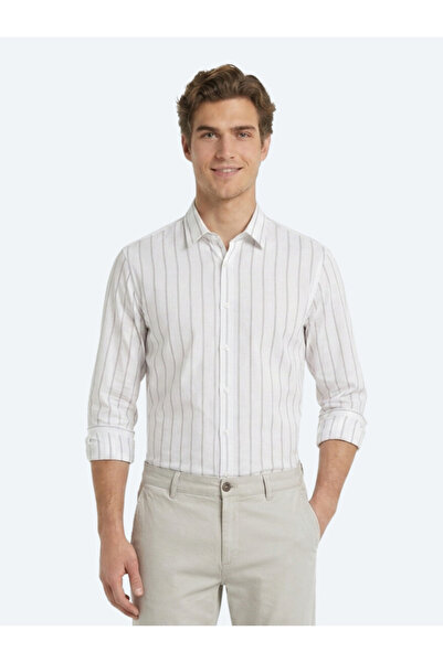 Kip Beige Striped Regular Fit Long Woven Casual Cotton Blend Shirt