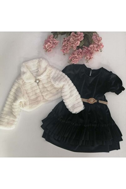 ÖZLEM BEBE Peluş Bolerolu Siyah Kadife Çocuk Elbisesi-2 Yaş
