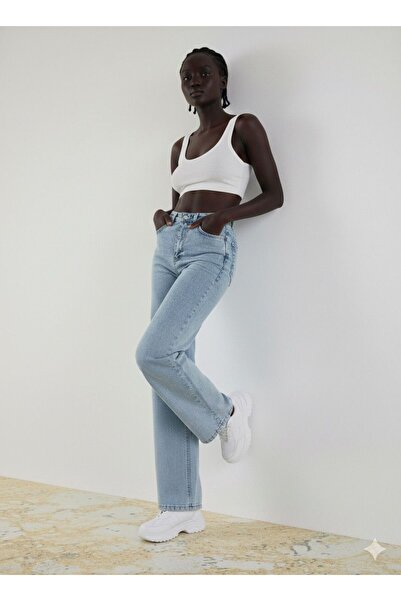 Trn JNS Blue Lycra Super High Waist Loose Jeans Palazzo Trousers
