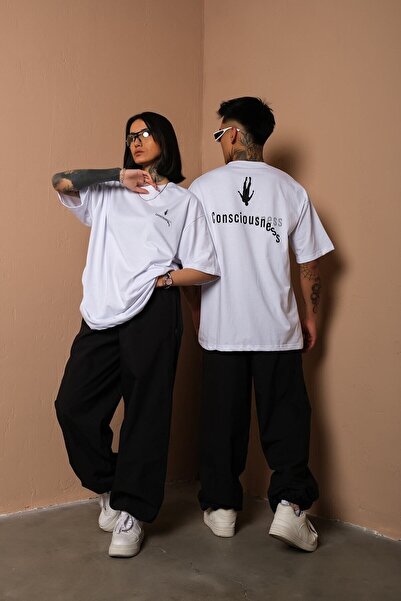 technomonkey Unisex White Oversized Consciousness Printed Techno t-shirt