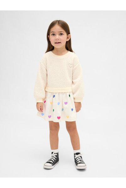 GAP Kız Bebek Krem Mixed Media Kalp Desenli Sweatshirt Elbise
