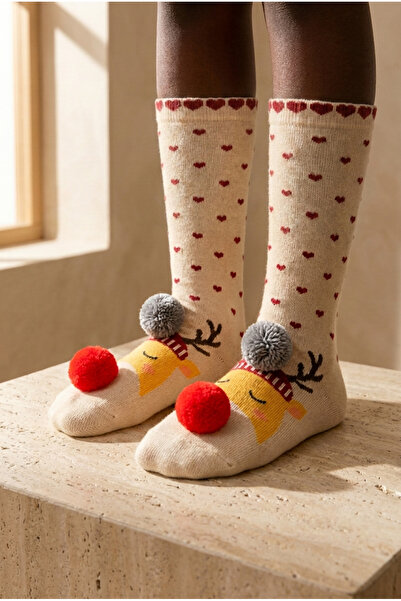 BONY SOCKS Dječje božićne čarape do kolena sa pompon dodacima i uzorkom jelena