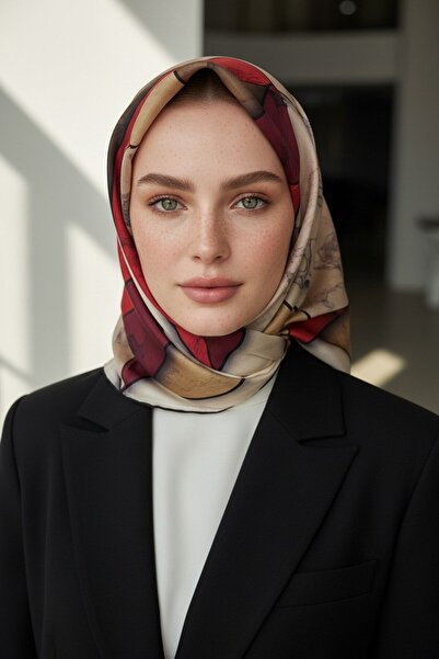 Vissona %100 Twill İpek Mermer Desenli Bordo - Bej Renkli 90x90 Eşarp Dikim Ş...
