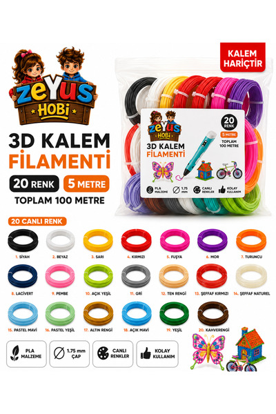 ZEYUS HOBİ ZEYUS FİLAMENT 20 RENK 5 METRE 3D KALEM FİLAMENTİ