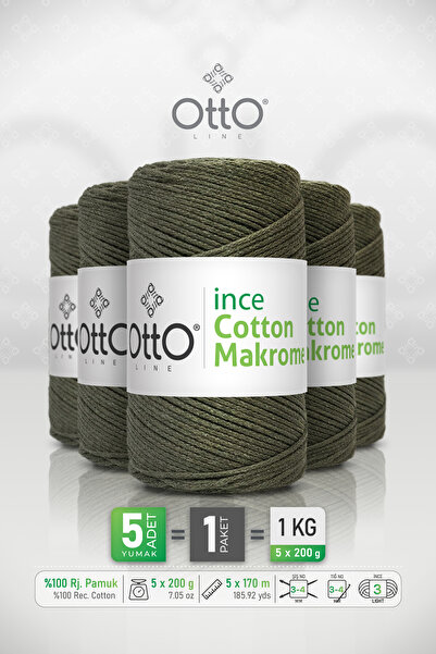 Otto Thin Cotton Macrame - Army Green (Khaki) - Pack of 5 - 2Mm/200Gr/170M - ...