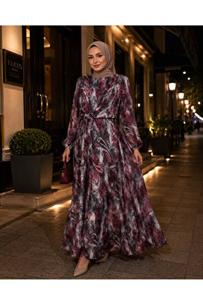 Novaİst Elegant Patterned Belted Chiffon Stylish Summer Dress